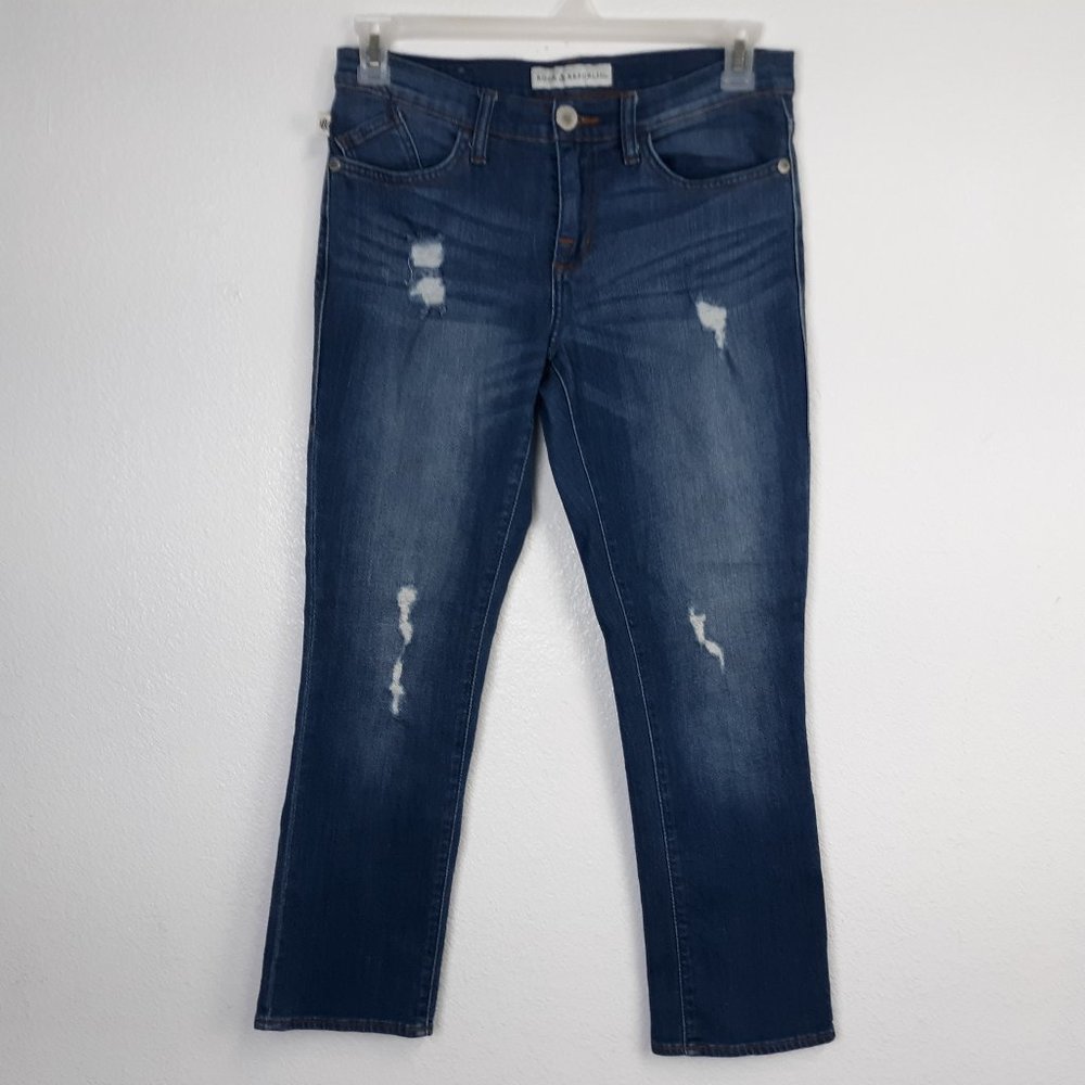 Rock & Republic Women's Straight Jeans Size 8 Kendall Mid Rise Distressed Blue